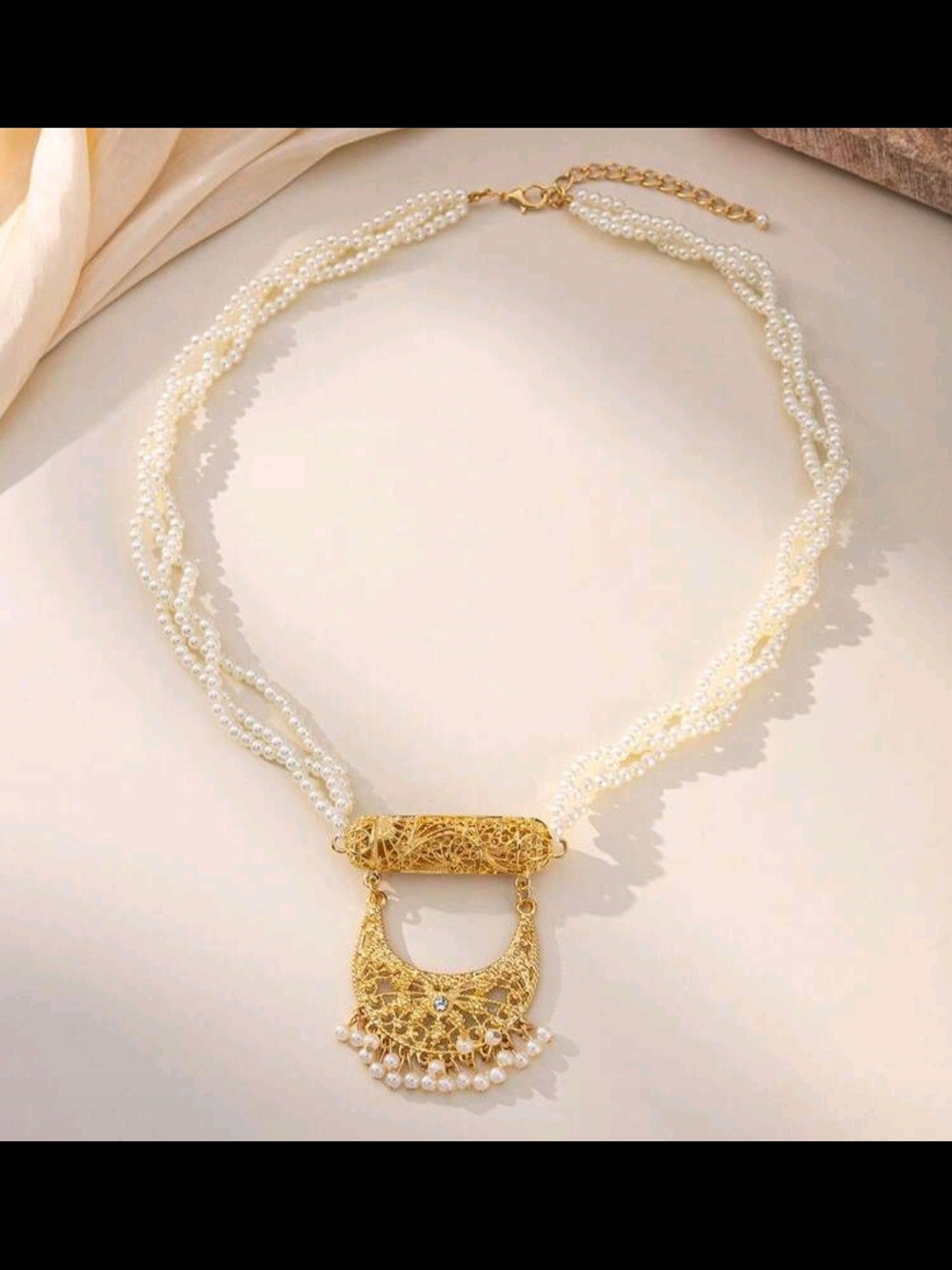 Gold Filigree Pendant Pearl Multi-Strand Necklace